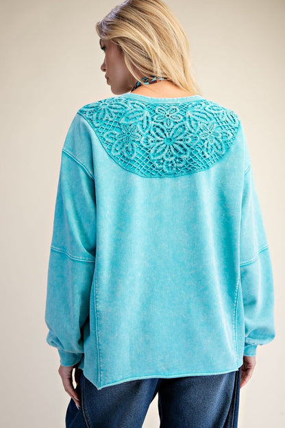 Easel Long Sleeve Day Blue BOW TAPE BOTTOM WASHED TERRY PULLOVER