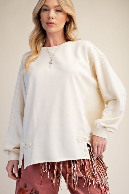 Easel Ivory BOW TAPE BOTTOM WASHED TERRY PULLOVER