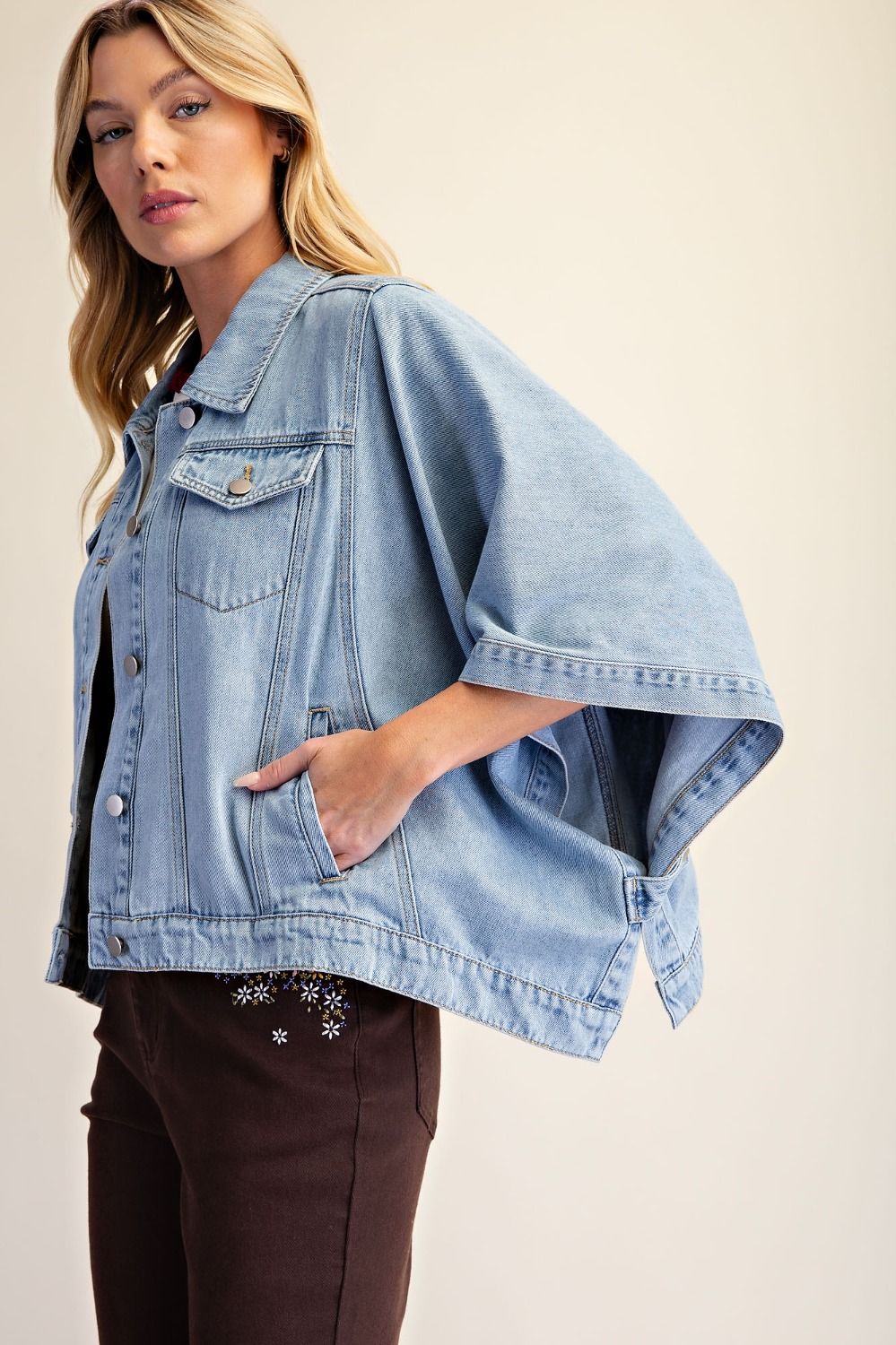 Easel Dolman Sleeve Washed Denim Cape Jacket