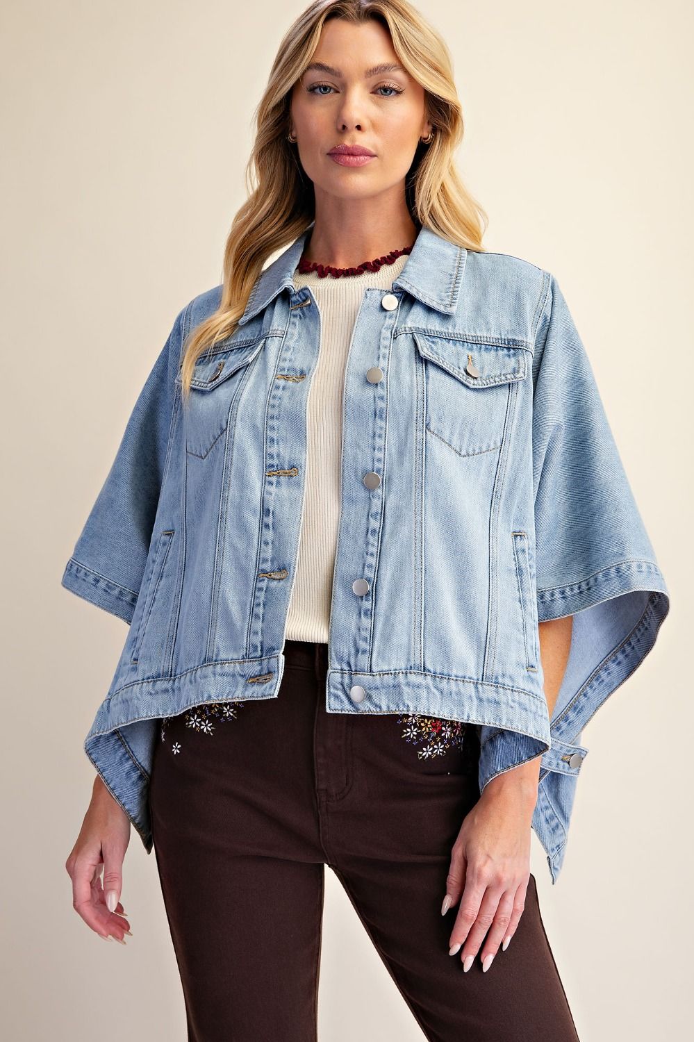 Easel Dolman Sleeve Washed Denim Cape Jacket
