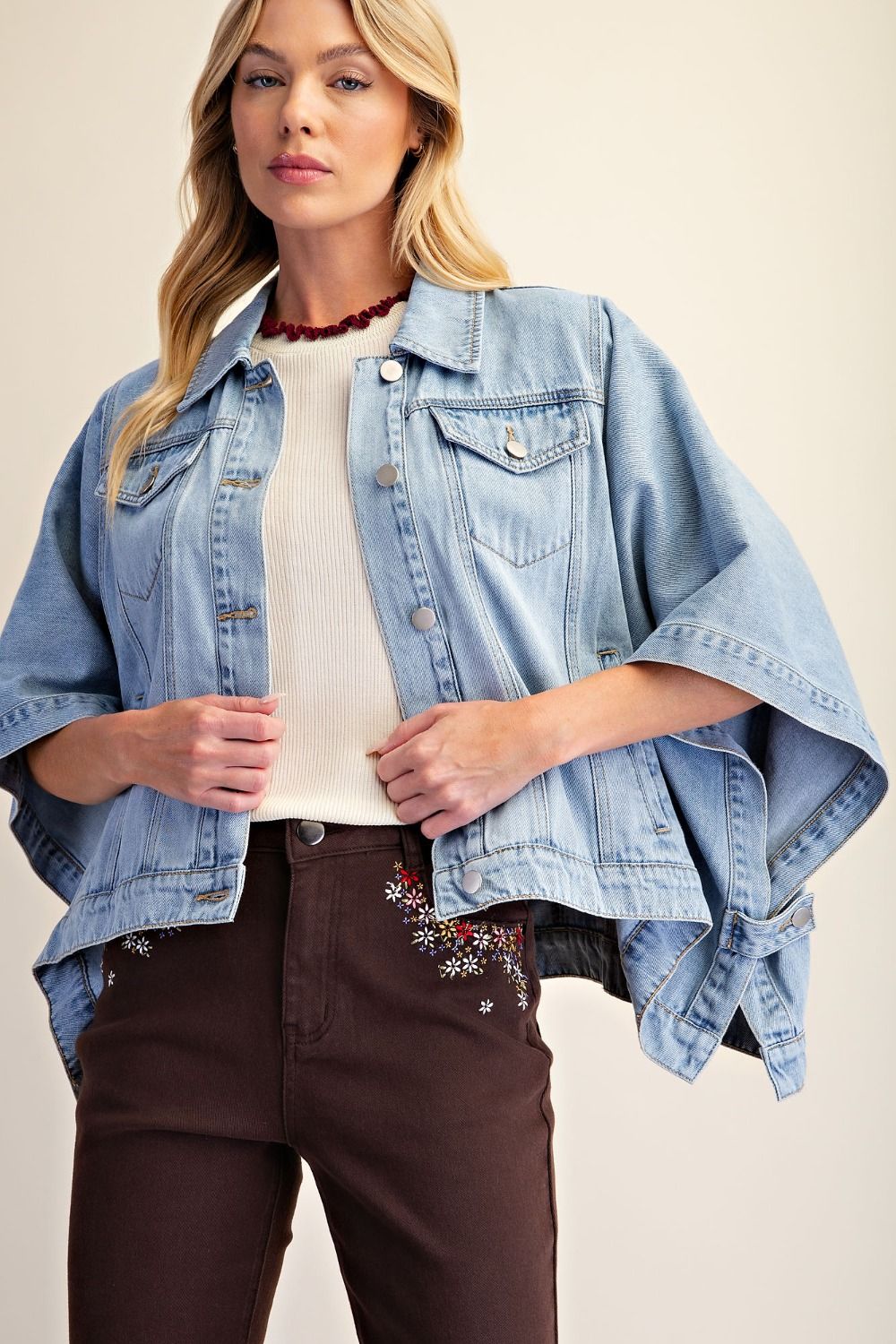 Easel Dolman Sleeve Washed Denim Cape Jacket