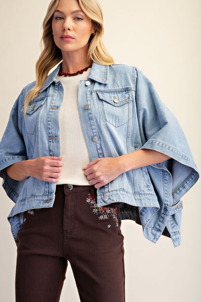 Easel Dolman Sleeve Washed Denim Cape Jacket