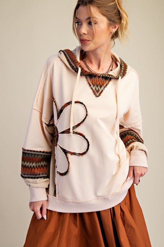 Easel Natural Daisy Patch Washed Terry Hoodie Pullover