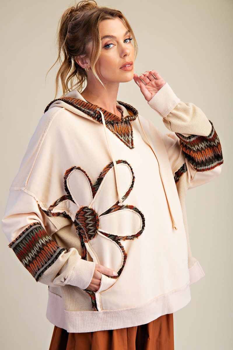 Easel Natural Daisy Patch Washed Terry Hoodie Pullover