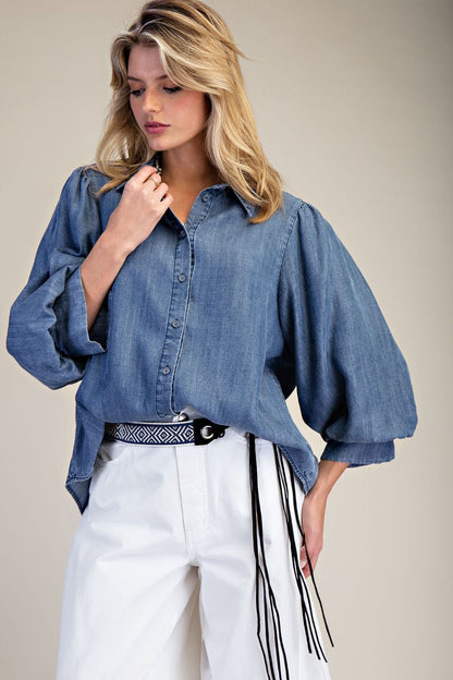Easel  3/4 SLEEVES WASHED DENIM SHIRT