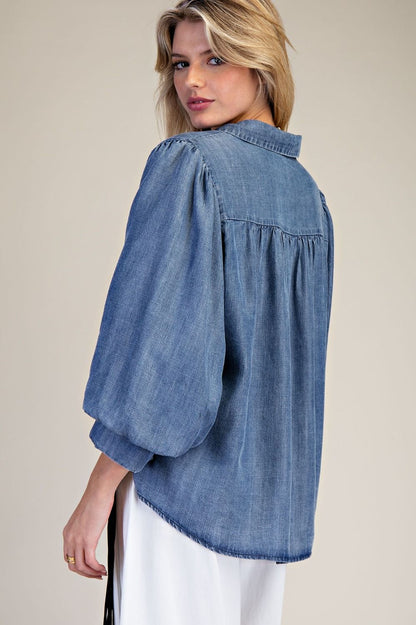 Easel  3/4 SLEEVES WASHED DENIM SHIRT