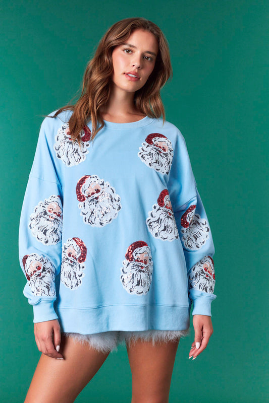 Fantastic Fawn Light Blue Sequin Santa Oversized Sweatshirt