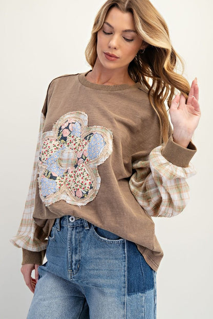 Easel Mocha Flower Patch Front Washed Cotton Top