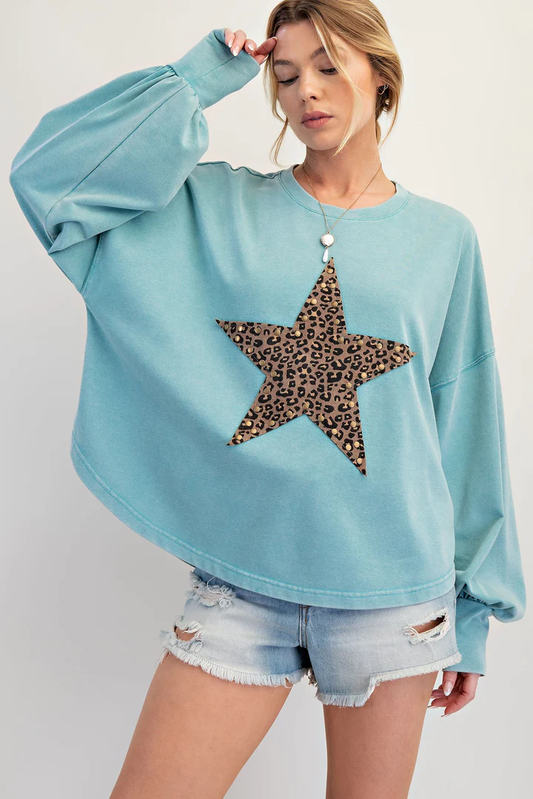 Easel Plus Size Faded Teal Animal Star Patch Mineral Washed Top