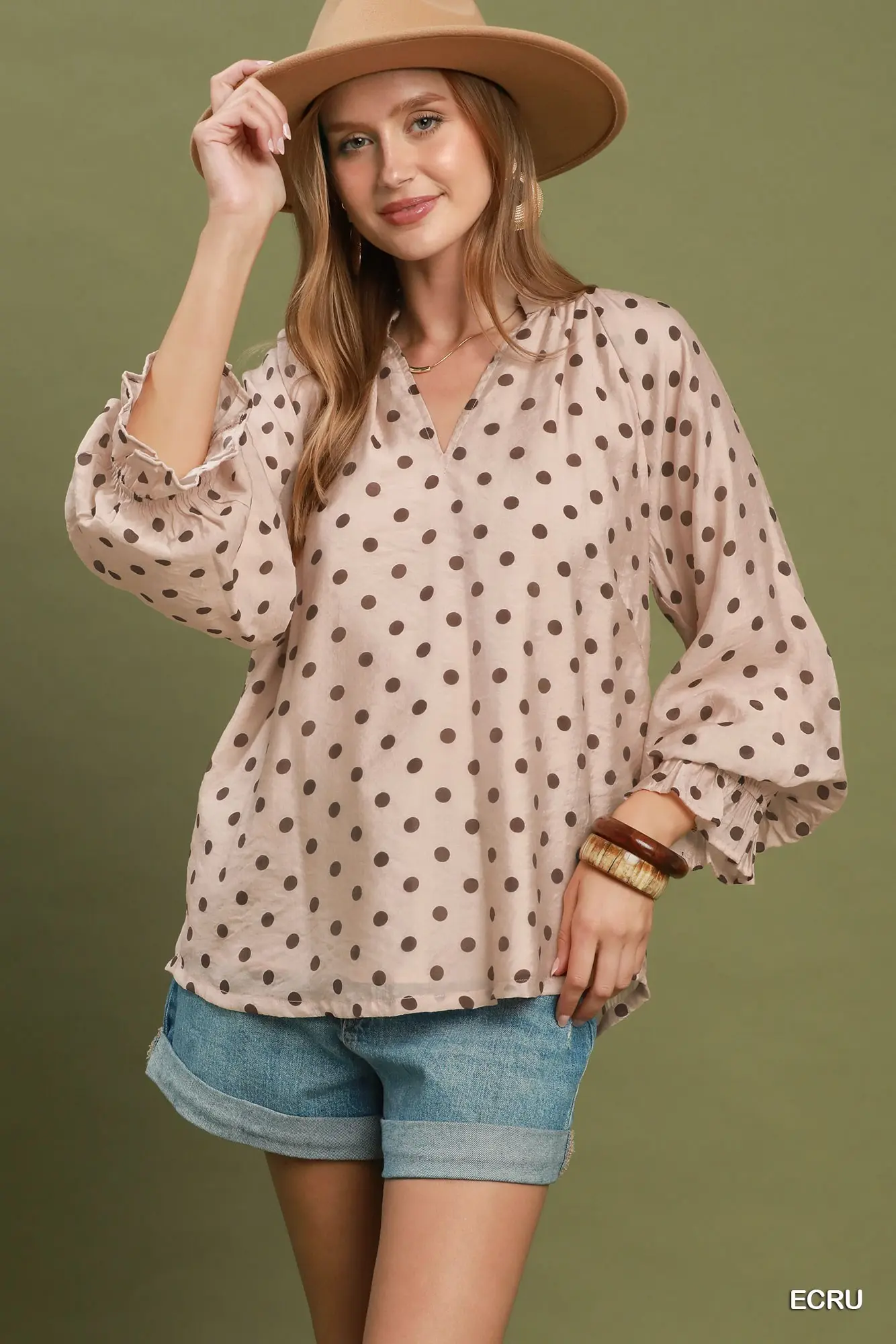Umgee Ecru Polka Dot Split Neck Blouse with Ruffle Cuffs