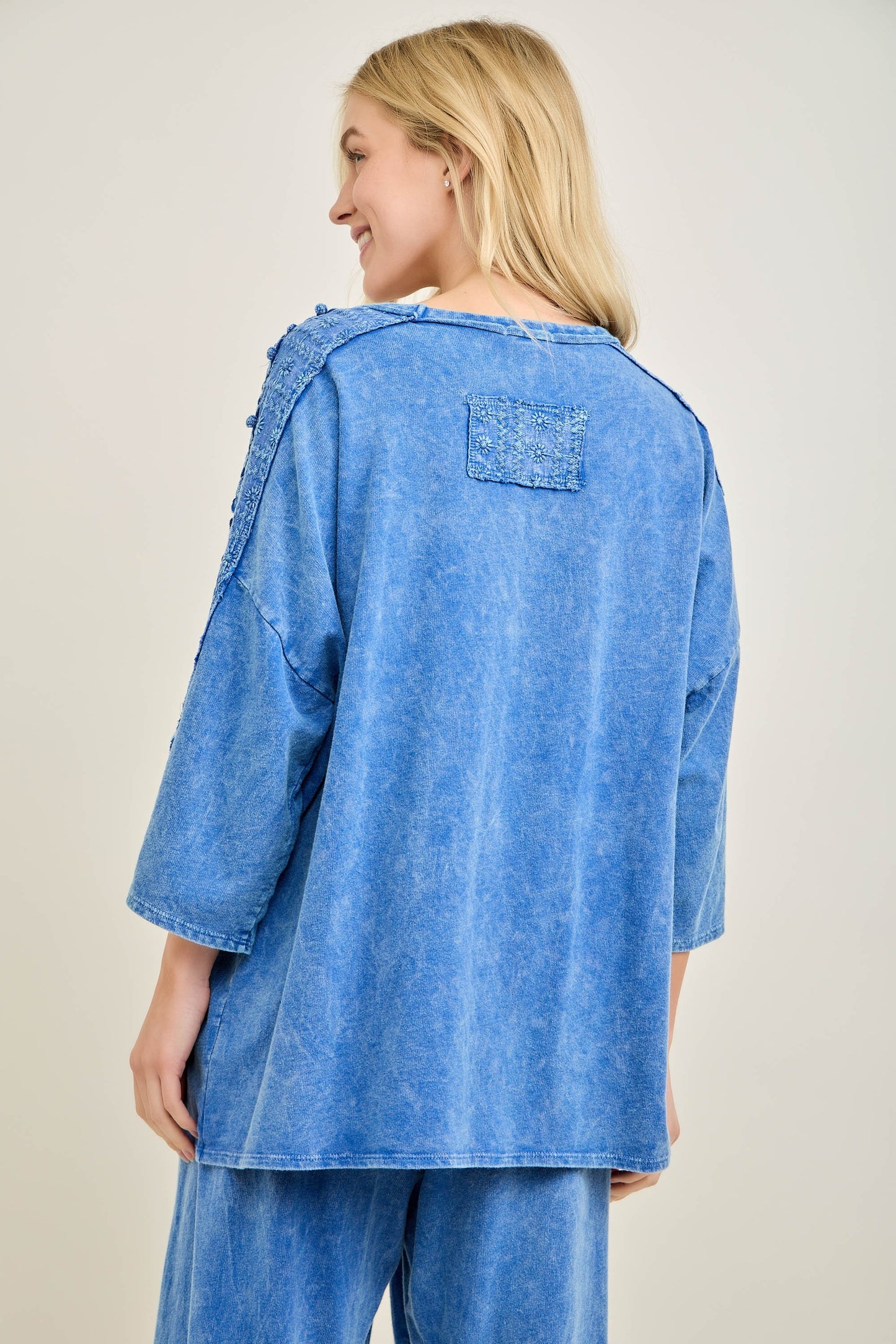 J. Her Cobalt Mineral Washed Flower trim detailed Lounge top
