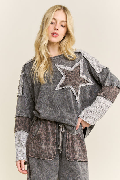 J. Her Ash Black Mineral Washed Leopard Cheetah Star Patched Top