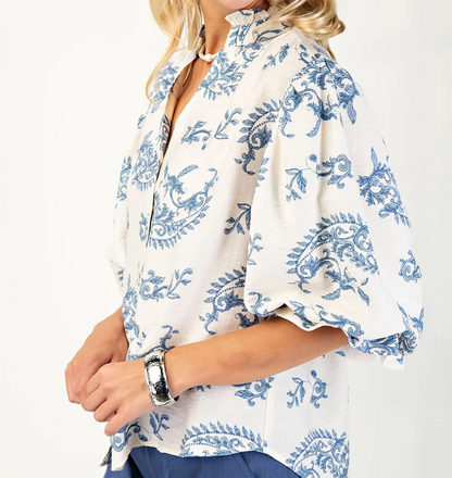Gigio Blue Button Down Blouse with 3/4 Length Balloon Sleeves