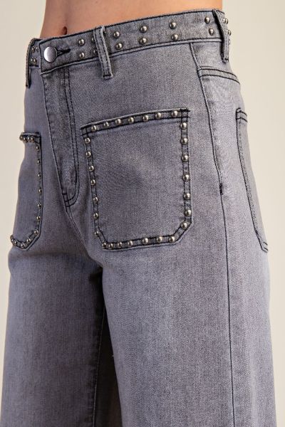 Easel Ash Denim Stud Detailing Washed Denim Pants