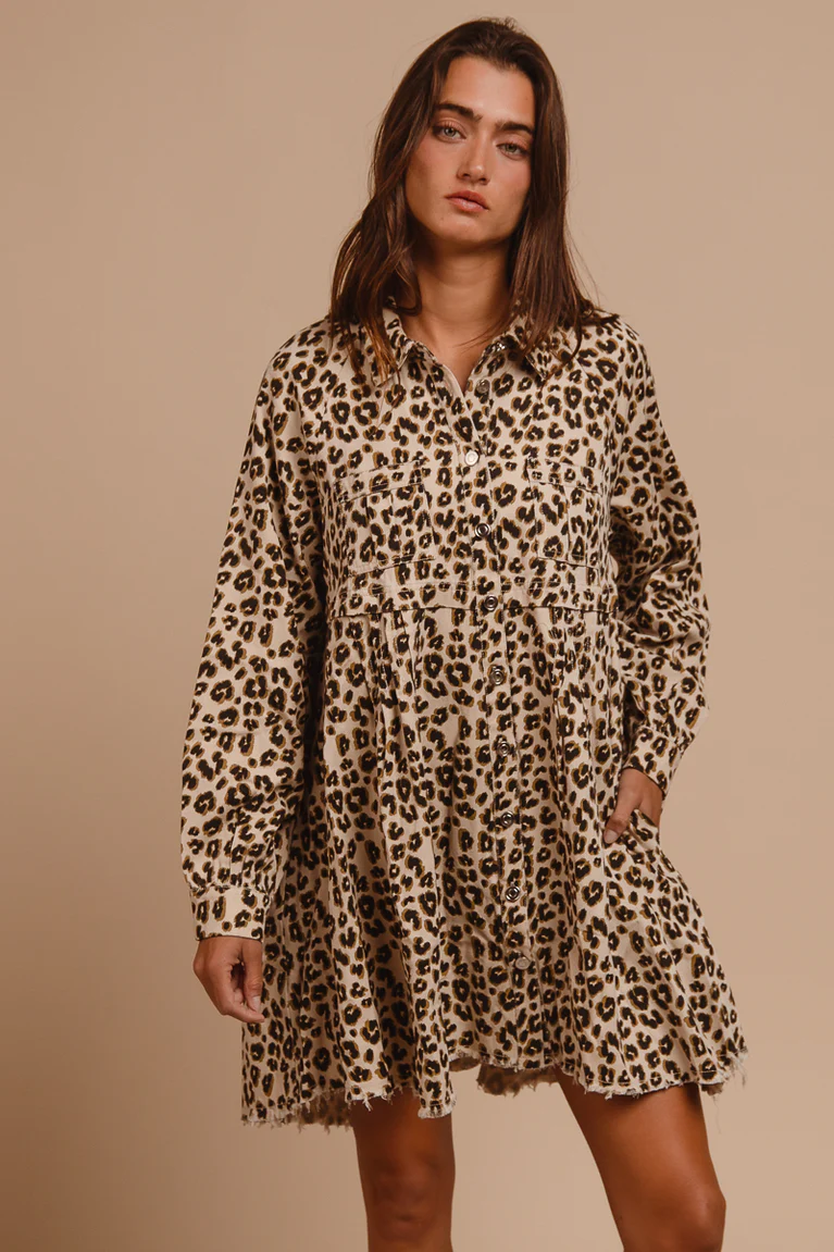 Bibi Animal Print Washed Denim Button Down Dress