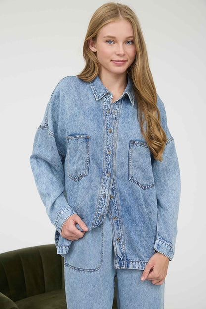 Blu Pepper Plus Washed Chambray Button Down Long Sleeve Shirt