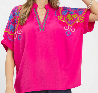 Umgee Plus Size Fuchsia Multicolor Embroidered Split Neck Top