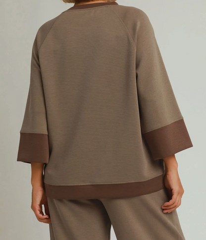 Umgee Plus Size Coco Brown CLOUDKNIT Modal & Tencel 3/4 Raglan Sleeve Colorblock Crewneck Top