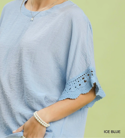 Umgee Ice Blue Crochet Trim Top