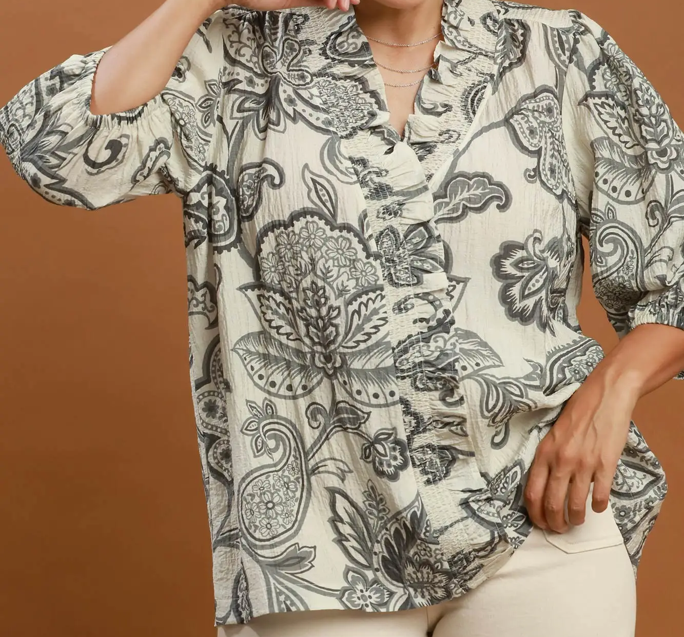Umgee Plus Size Charcoal Abstract Print Top with Smocked Ruffled Details