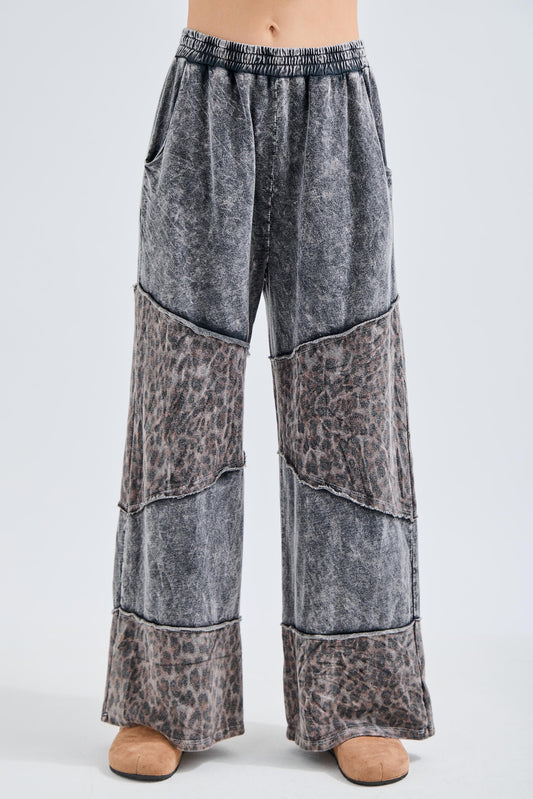 J. Her Ash Black Mineral Washed Leopard Asymmetrical Tier Pants