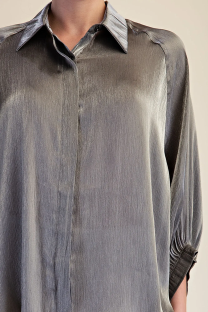 Glam Silver Metallic Oversized Button Down Long Sleeve Shirt