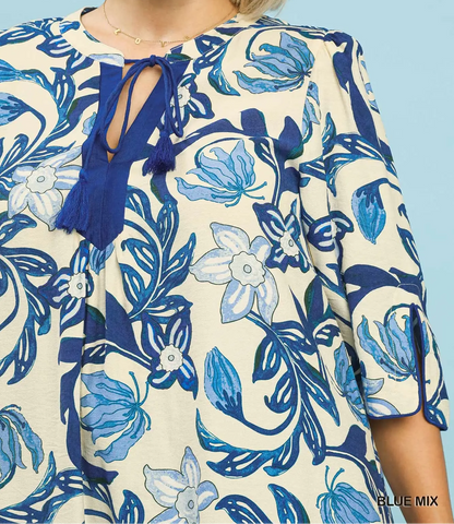 Umgee Plus Size Blue Mix Floral Print Dress w/ Tassel Tie Neck