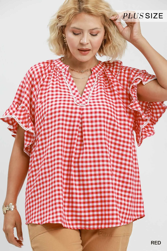 Umgee Plus Size Red Gingham Ruffle Top