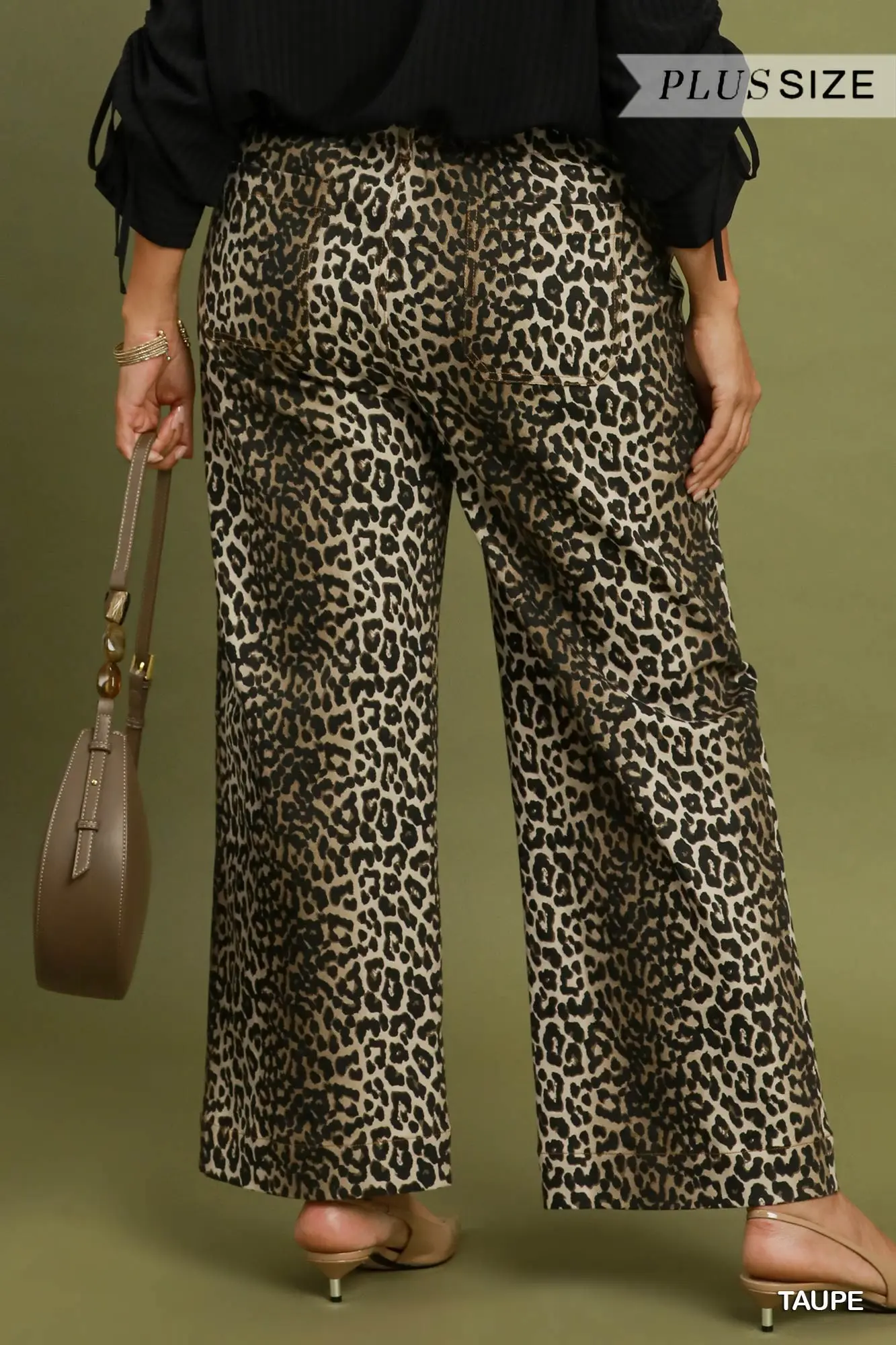 Umgee Plus Size Taupe Leopard Print Wide Leg Pants