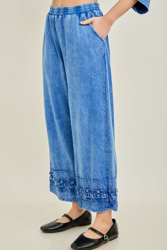 J. Her Cobalt Blue Mineral Washed Flower Trim Detailed Lounge Pants