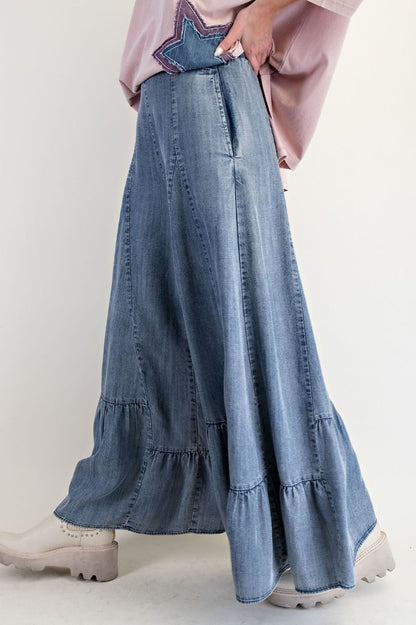 Easel Ruffle Bottom Hem Washed Denim Palazzo Pants
