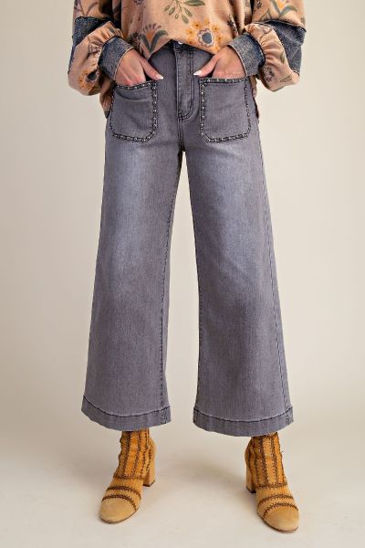 Easel Ash Denim Stud Detailing Washed Denim Pants