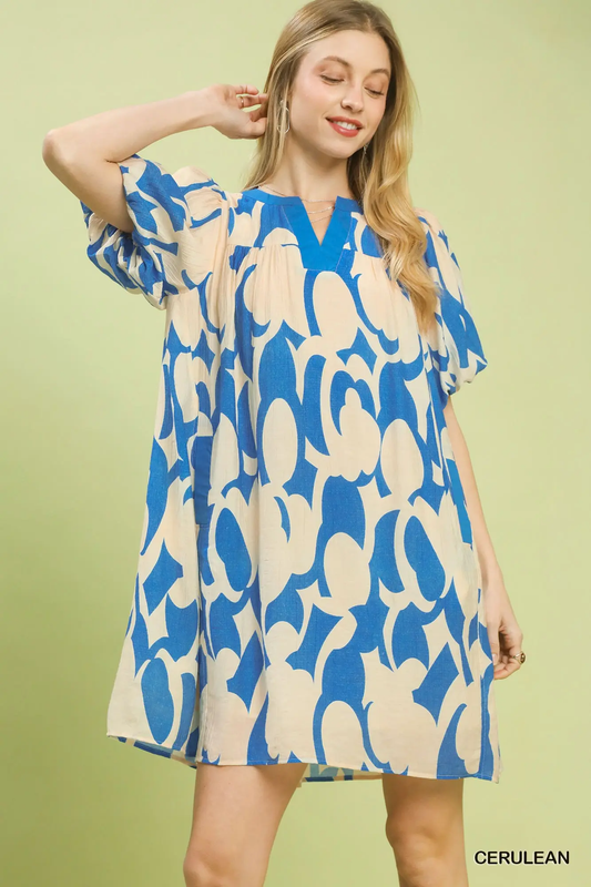 Umgee Cerulean Abstract Print Puff Sleeve Shift Dress