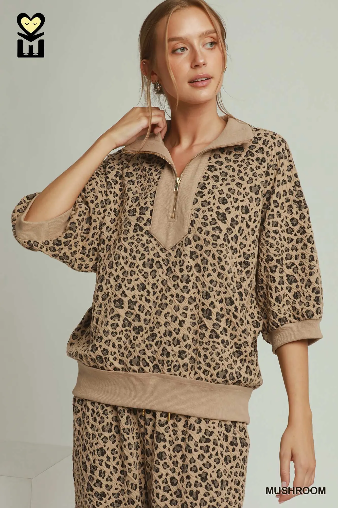 Umgee Leopard Jacquard Half Zip Pullover