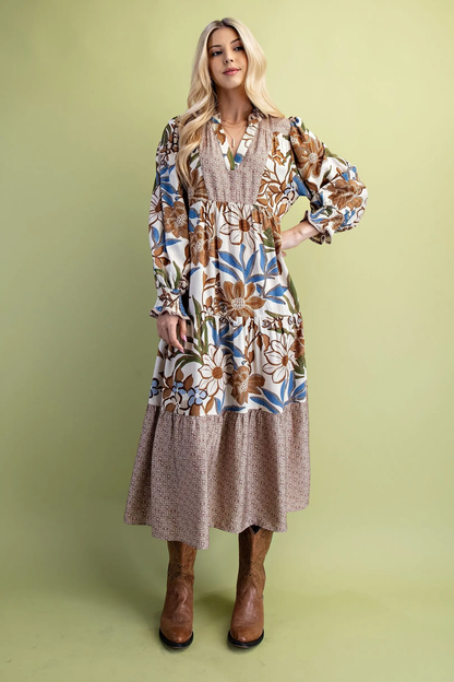 Gigio Mixed Print Tiered V-Neck Midi Dress