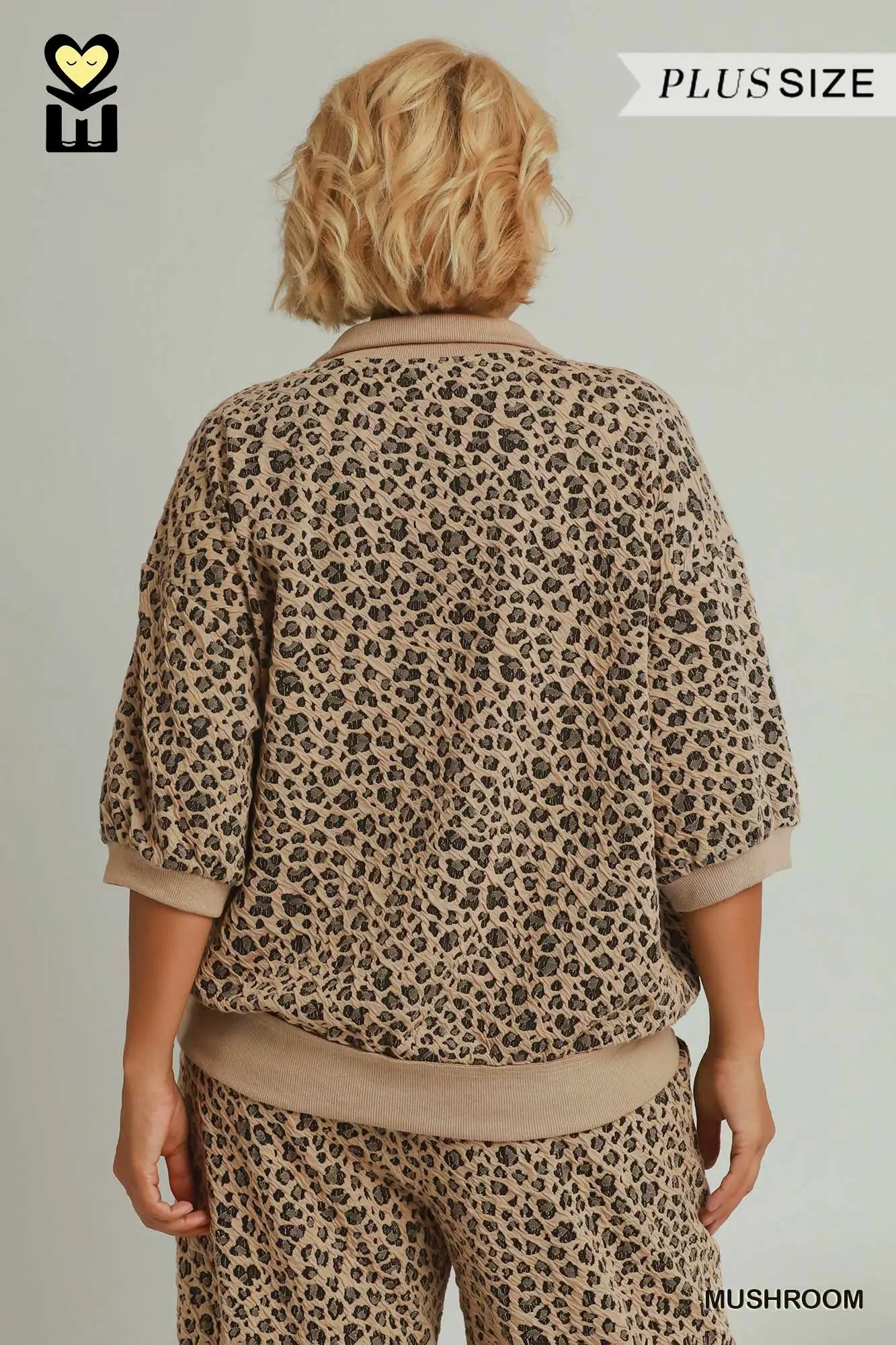 Umgee Plus Size Leopard Jacquard Half Zip Pullover