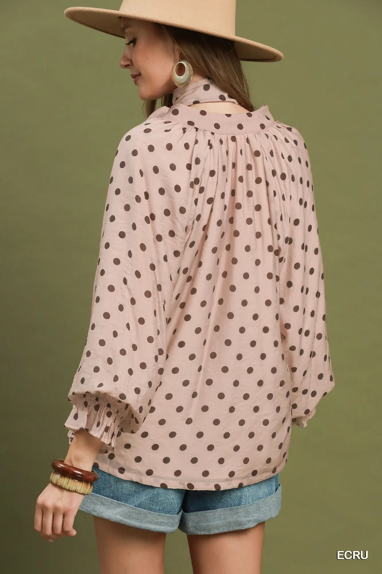 Umgee Ecru Polka Dot Split Neck Blouse with Ruffle Cuffs