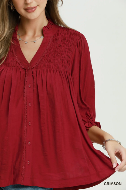 Umgee Crimson Smocked Yoke Button Front Blouse