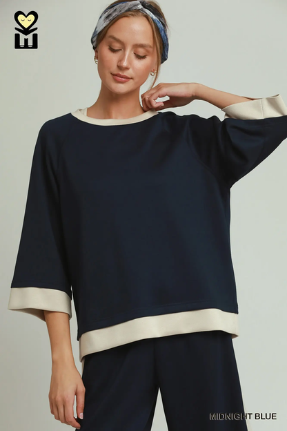 Umgee Midnight Blue LUXEKNIT Colorblock Crewneck Raglan Sleeve Top