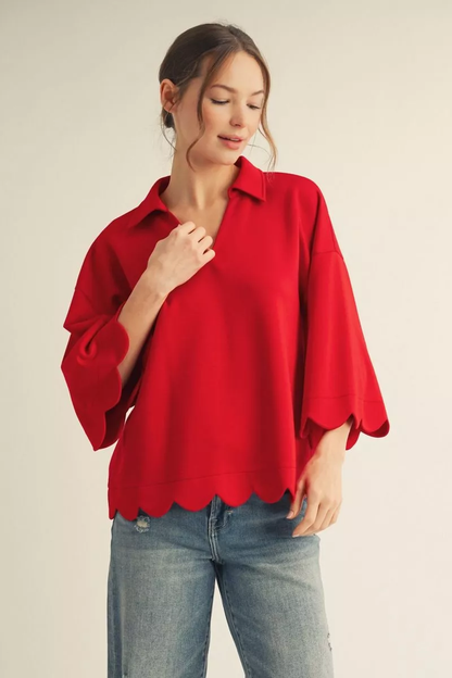 Jodifl Tomato Red V-Neck Collared Top with Scalloped Hem