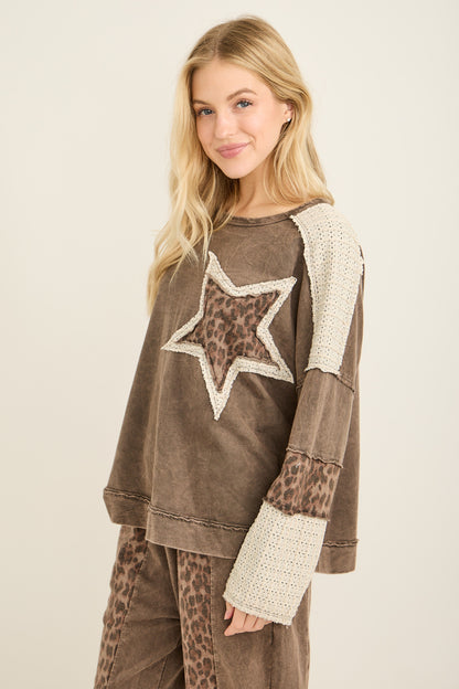 J. Her Mineral Washed Leopard Cheetah Star Patched Top