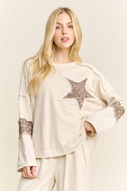 J. Her Natural Mineral Washed Leopard Cheetah Star Patched Top