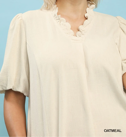 Umgee Plus Size Oatmeal Linen Scallop Trim V-Neck Top