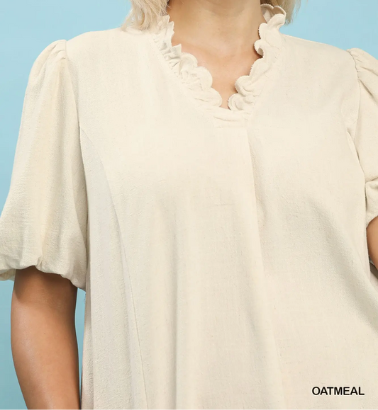 Umgee Plus Size Oatmeal Linen Scallop Trim V-Neck Top