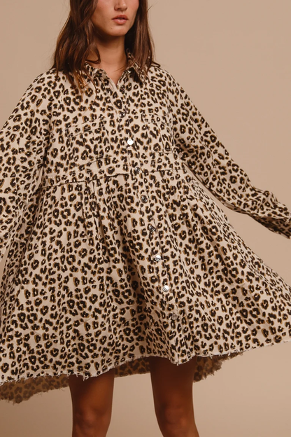 Bibi Animal Print Washed Denim Button Down Dress