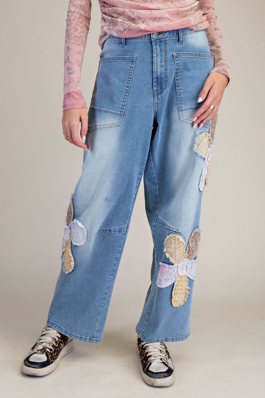 Easel FLOWER PATCHES WASHED BARREL PANTS