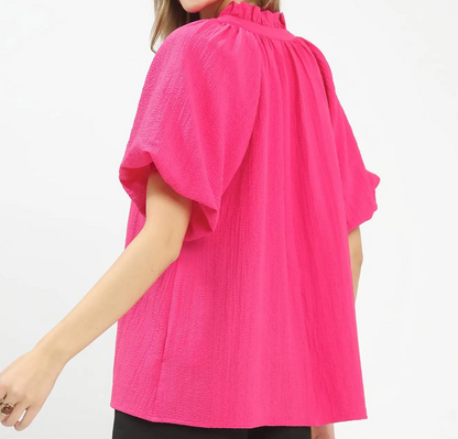 Umgee Fuchsia Ruffle Neck Tunic Top