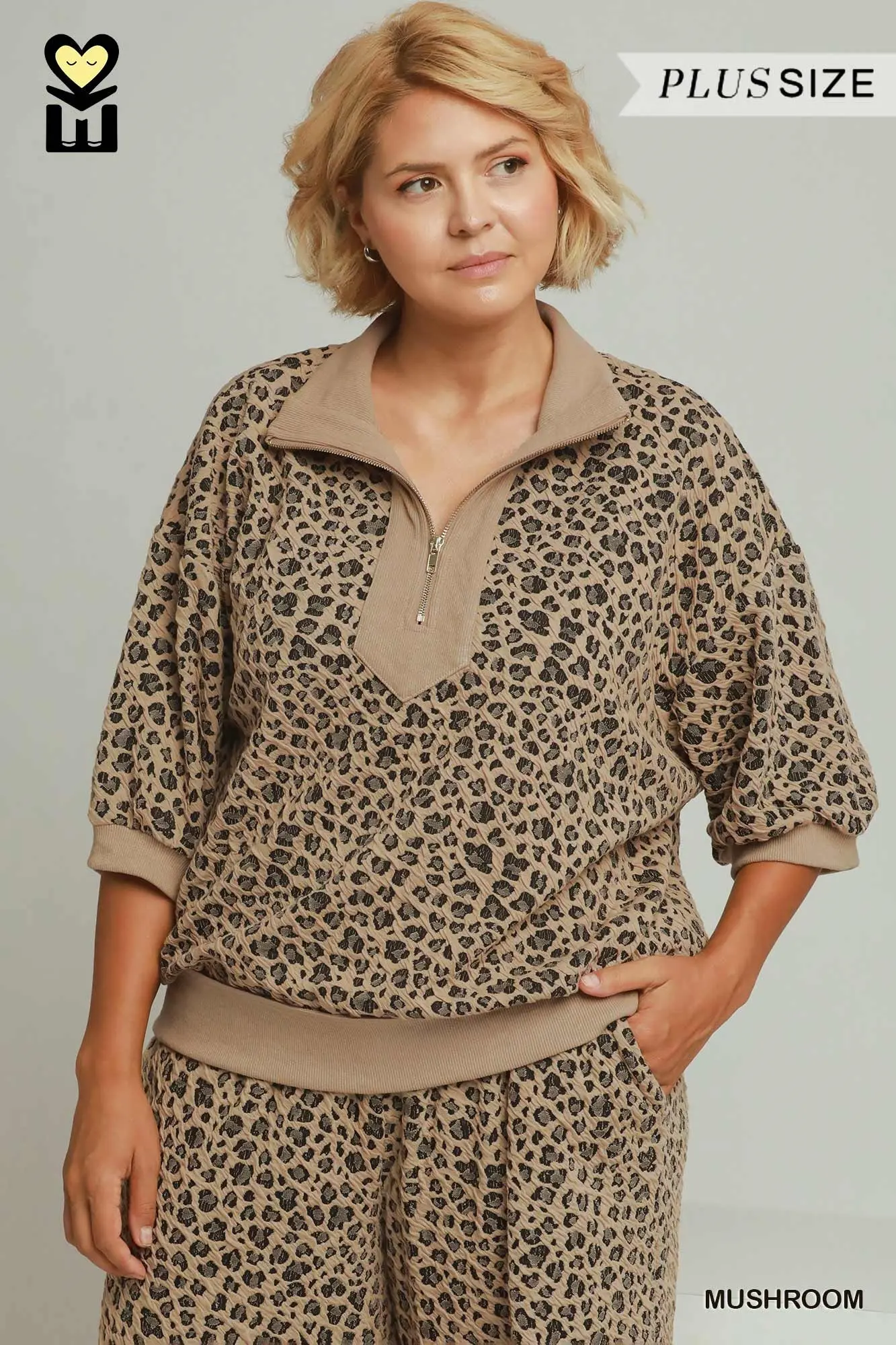 Umgee Plus Size Leopard Jacquard Half Zip Pullover