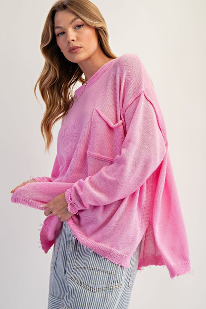 Easel Aurora Pink Long Sleeve Lightweight Knitted Sweater
