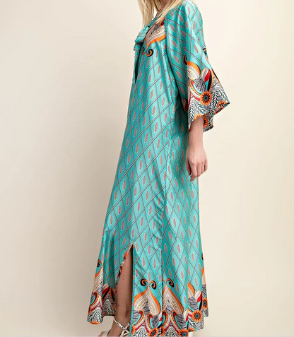 Gigio Plus Size Printed Lounge Maxi Dress with Neck Collar and Bow